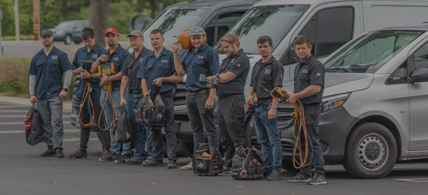 Cooling and Heating repair team standing in front of service vans equipped with tools, providing air conditioning repairs and HVAC services in Palm Springs.