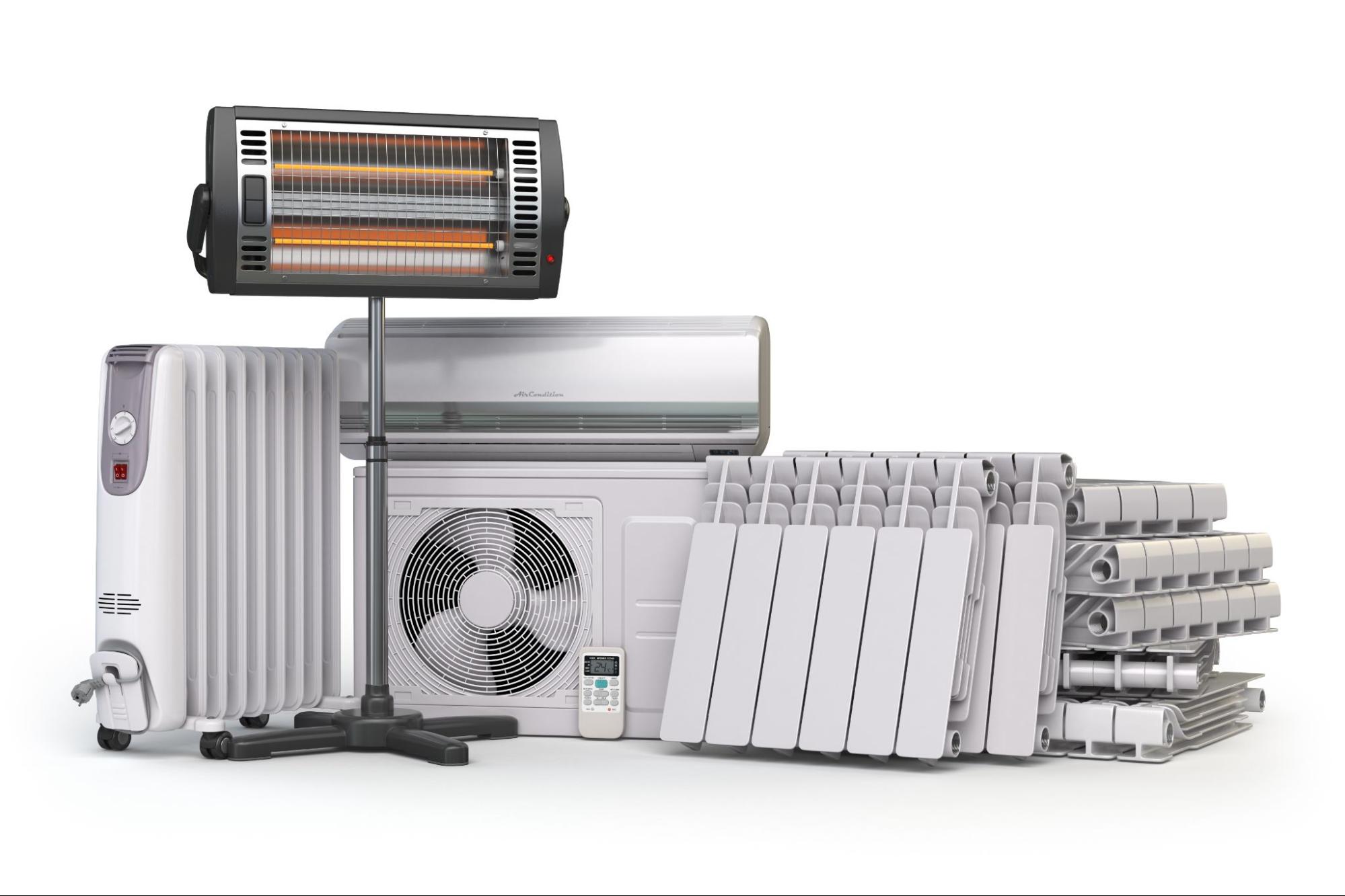 Various heaters and heating equipment against a white background.