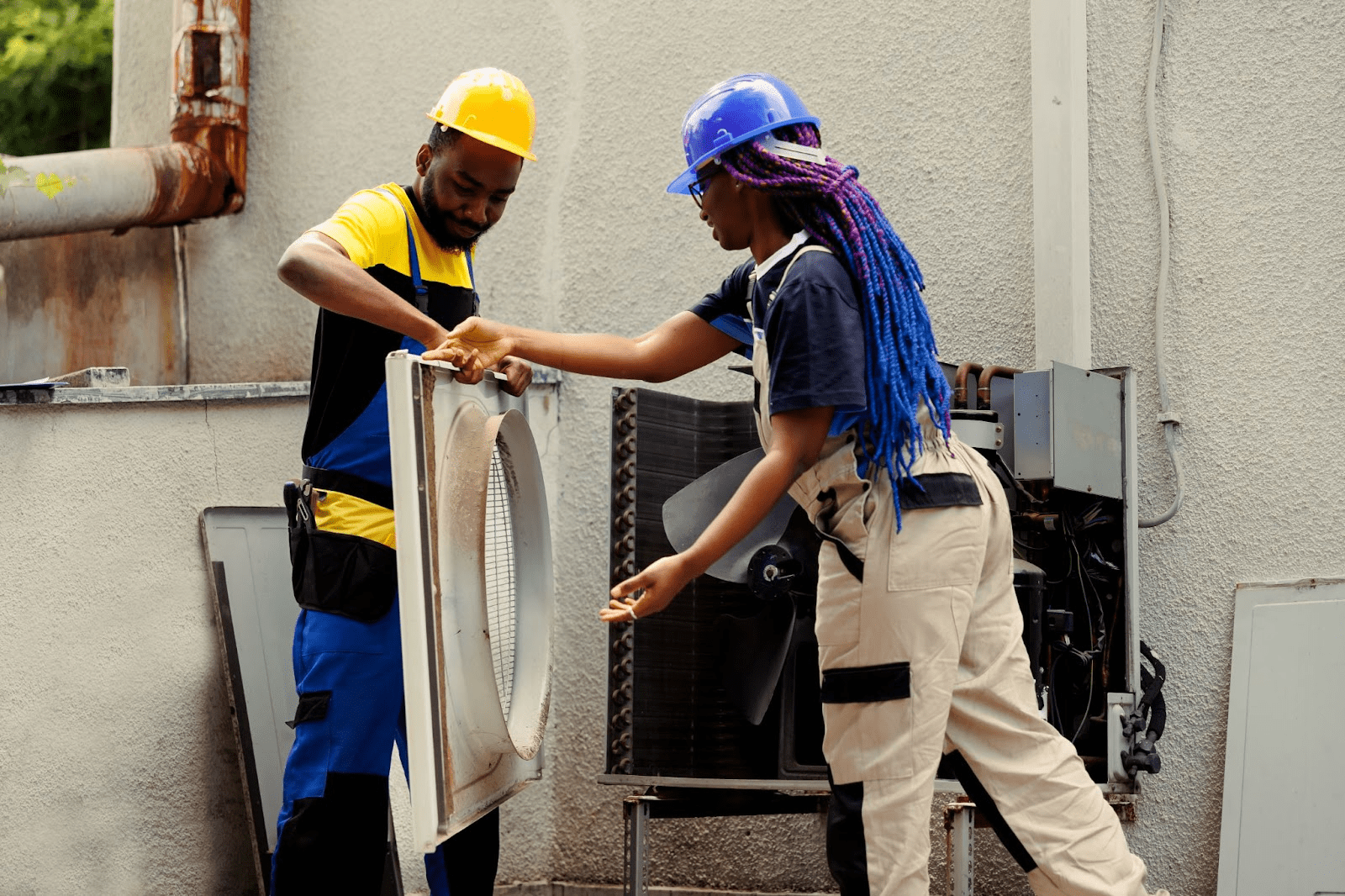 Technicians removing HVAC system panel for inspection and maintenance.