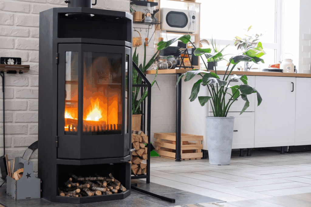 A black steel fireplace stove burning firewood near modern kitchen.