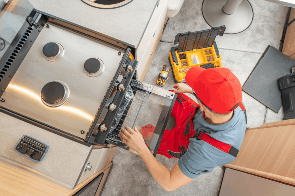 Overhead view of a technician replacing a gas stove in a travel trailer