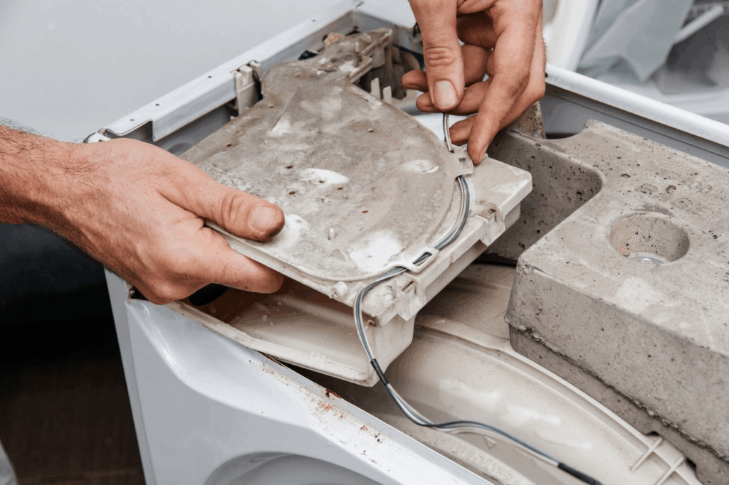lose-up of a technician's hands repairing a washing machine.